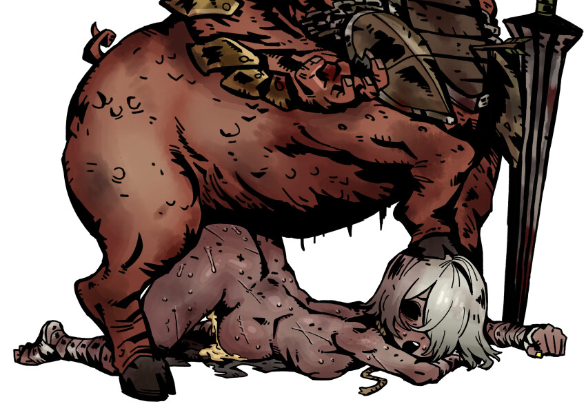 absurdres bandaged_arm bandaged_leg bandages bestiality centauroid completely_nude cum cum_inflation cum_overflow dark-skinned_female dark_skin darkest_dungeon doggystyle ebonyxh eylin_eyla_(ebonyxh) hair_over_one_eye highres hollow_eyes inflation interspecies nude official_style original sex sex_from_behind simple_background swinetaur sword taur top-down_bottom-up weapon white_background white_hair