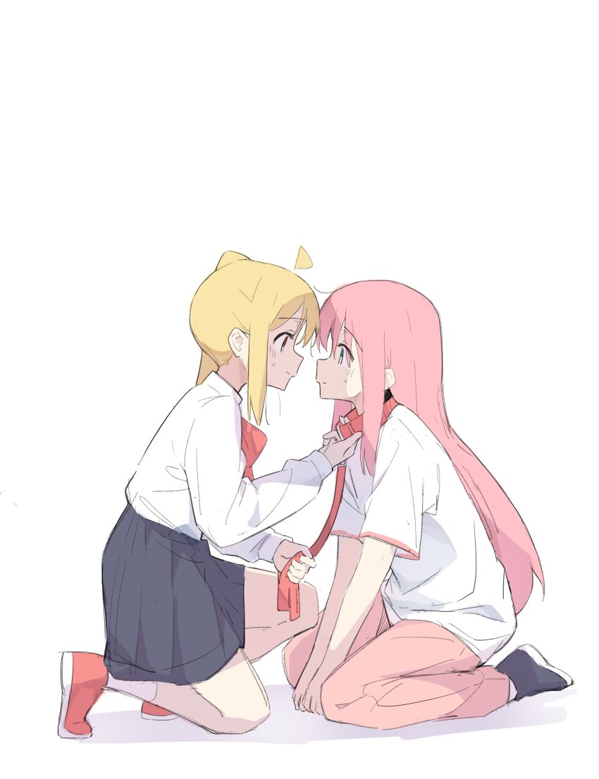 absurdres ahoge black_skirt blonde_hair blue_eyes bocchi_the_rock! bow bowtie collar commentary_request detached_ahoge gotoh_hitori highres holding holding_leash kke580 leash long_hair on_one_knee pants pink_hair pink_pants pleated_skirt red_bow red_bowtie red_eyes shirt side_ponytail skirt white_background white_shirt yuri