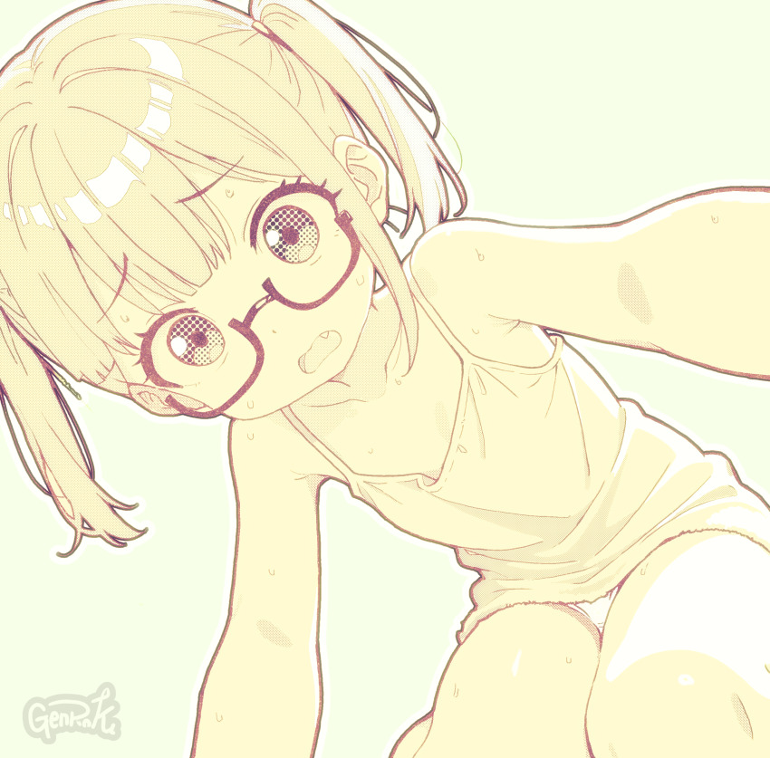 1girl absurdres artist_name camisole collarbone commentary_request fang flat_chest from_below genroku glasses halftone highres legs_together loli monochrome open_mouth original panties pantyshot semi-rimless_eyewear solo sweat twintails underwear yellow_theme