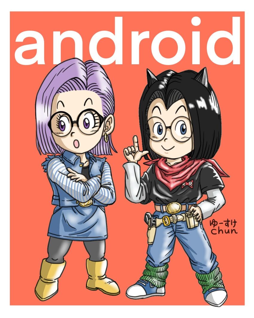 1boy 1girl :o android_17 android_18 android_18_(cosplay) bandana bandana_around_neck belt belt_buckle black_hair black_pantyhose blue_eyes blue_skirt blue_vest bob_cut brown_belt buckle commentary_request cosplay creator_connection crossed_arms denim denim_skirt denim_vest dr._slump dragon_ball dragonball_z earrings glasses hand_on_own_hip highres holster jeans jewelry norimaki_arale obotchaman open_mouth pants pantyhose pouch purple_eyes purple_hair red_bandana signature skirt vest widow's_peak yusuke_chun