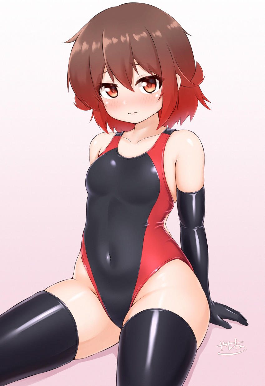 1girl alternate_costume black_gloves black_one-piece_swimsuit black_thighhighs blush breasts brown_hair commentary_request competition_swimsuit covered_navel elbow_gloves gloves gradient_hair highres kantai_collection multicolored_hair mutsuki_(kancolle) one-piece_swimsuit red_eyes red_hair red_one-piece_swimsuit short_hair sitting small_breasts solo swimsuit thighhighs two-tone_swimsuit zanne