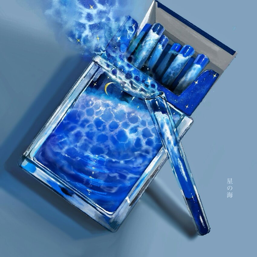 cigarette cigarette_pack commentary_request crescent_moon highres moon no_humans object_focus original smoke translation_request yasuta_kaii32i