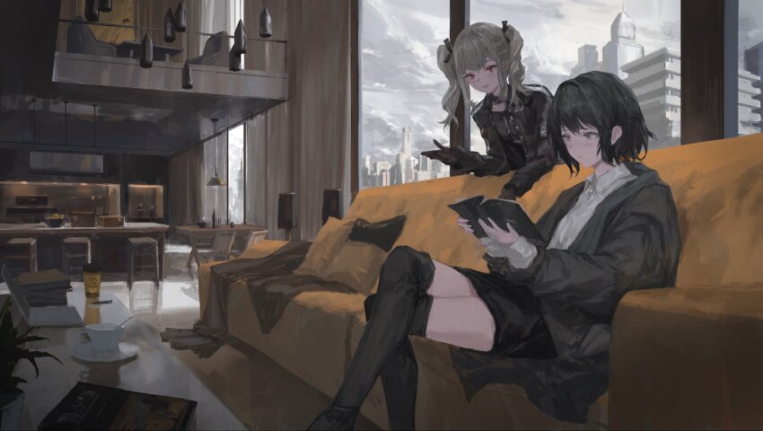 2girls black_gloves black_hair black_jacket black_skirt black_thighhighs book building city collared_shirt commentary_request computer couch crossed_legs cup disposable_coffee_cup disposable_cup gloves grey_hair highres holding holding_book ichijou_riana indoors jacket kankunen_yua laptop lavender_quartz:_kyoukai_hyoudou multiple_girls overcast plant potted_plant raymon_(raym0n_) reading shirt skirt sky skyscraper stool table teacup thighhighs twintails white_shirt window