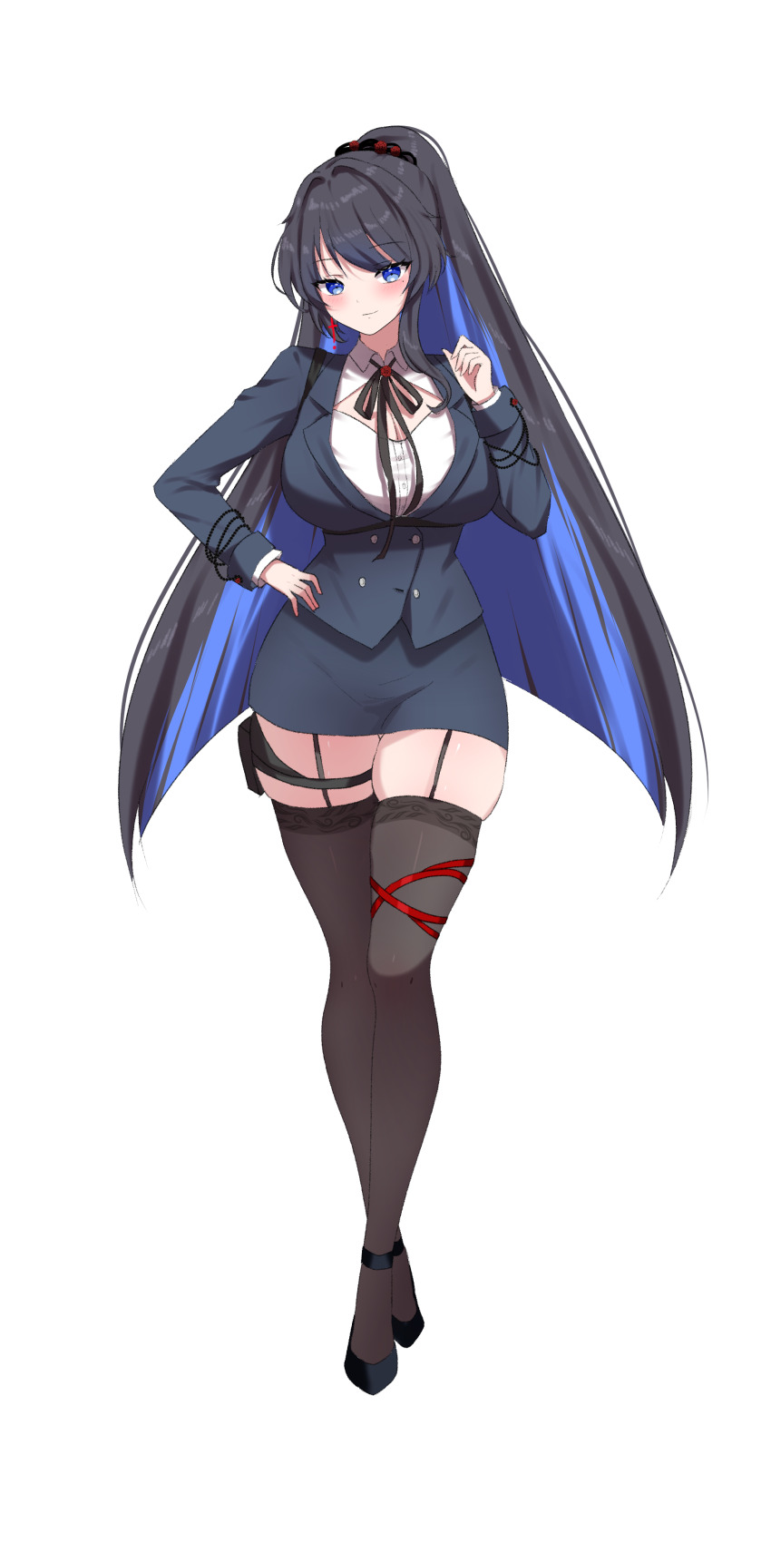 1girl absurdres black_garter_straps black_hair black_jacket black_ribbon black_skirt blue_eyes blush breasts buttons chain cleavage cleavage_cutout closed_mouth clothing_cutout collared_shirt commission cross cross_earrings crossed_legs earrings eyebrows_hidden_by_hair eyelashes garter_straps hand_on_own_hip hand_up highres jacket jewelry korean_commentary large_breasts light_smile long_hair long_sleeves mole mole_under_eye multicolored_hair original pencil_skirt ponytail raised_eyebrows ribbon shin_ryu-hyang shirt single_earring skindentation skirt sleeve_cuffs standing swept_bangs thigh_strap two-tone_hair very_long_hair watson_cross white_background white_shirt