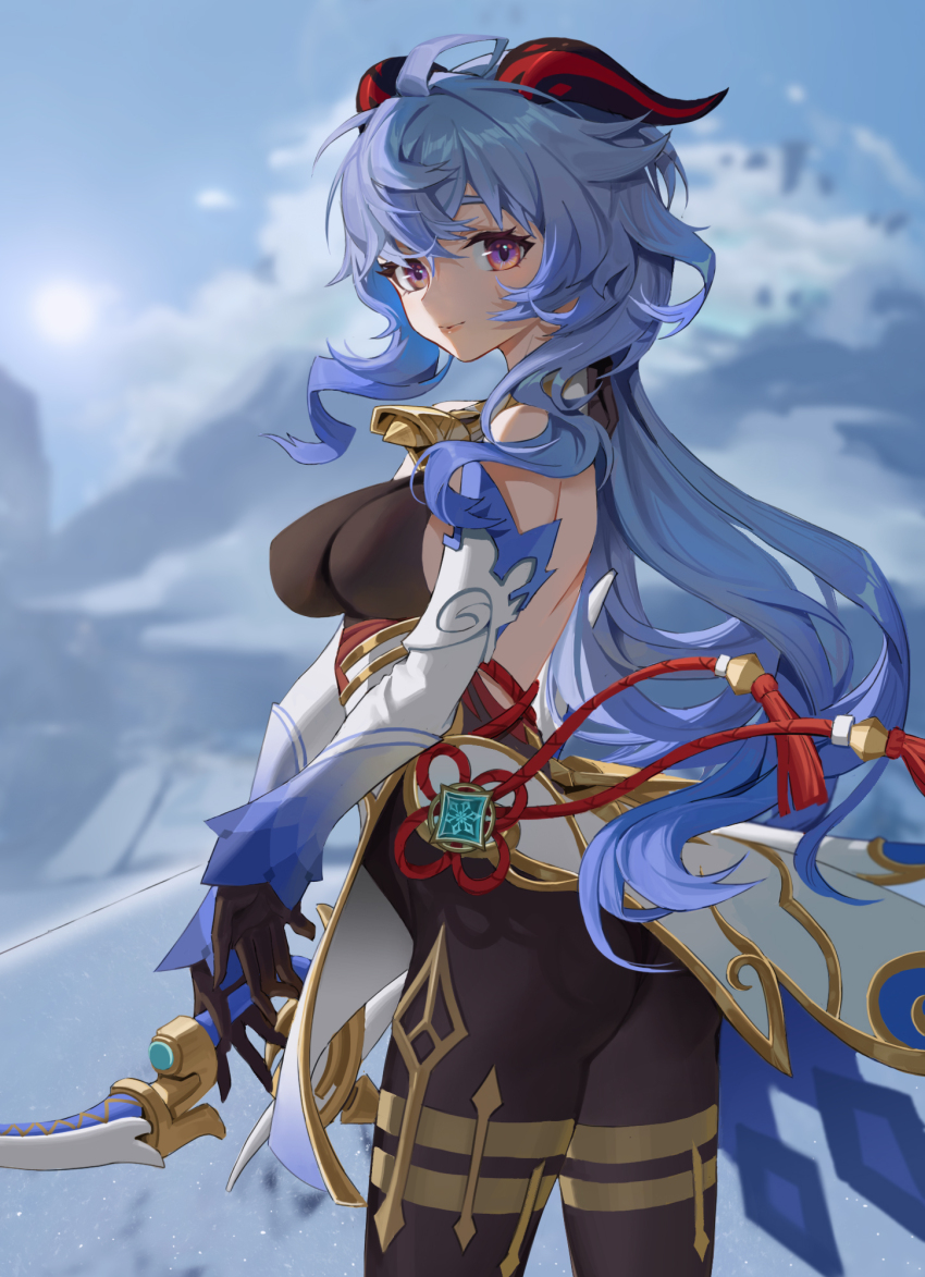 1girl ahoge amos'_bow_(genshin_impact) ass backless_outfit bare_shoulders bell black_gloves black_pantyhose blue_hair bow_(weapon) breasts chinese_knot commentary cowboy_shot detached_sleeves flower_knot from_side ganyu_(genshin_impact) gavin_xiaowen genshin_impact gloves gold_trim highres holding holding_bow_(weapon) holding_weapon horns jewelry long_hair looking_at_viewer low_ponytail medium_breasts mountain neck_bell outdoors pantyhose ponytail purple_eyes revision sidelocks smile snow solo standing thighlet vision_(genshin_impact) waist_cape weapon white_sleeves