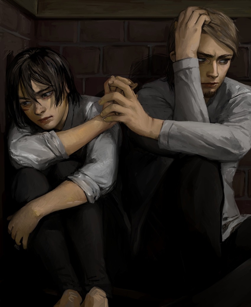 1boy 1girl affair bad_tag beard betrayal black_eyes black_hair brown_hair cheating_(relationship) closed_mouth commentary disgrace disgust english_commentary facial_hair highres holding_hands incest infidelity jean_kirstein long_sleeves medeakn mikasa_ackerman netorare netorase out_of_character shingeki_no_kyojin shirt short_hair sitting unfaithful white_shirt