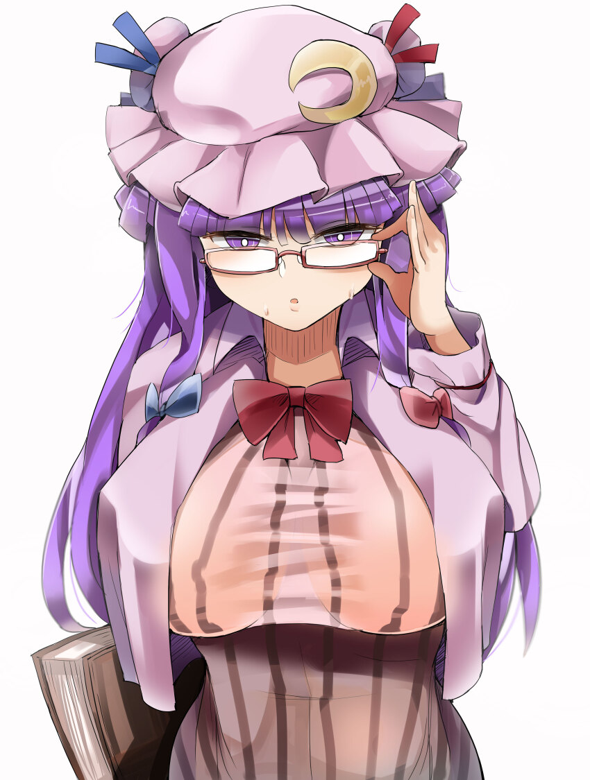 1girl absurdres bespectacled book bow covered_erect_nipples crop_top diz_(diznaoto) dress glasses hair_bow hat highres holding holding_book looking_at_viewer patchouli_knowledge purple_dress purple_eyes purple_hair purple_hat red-framed_eyewear solo sweat touhou white_background