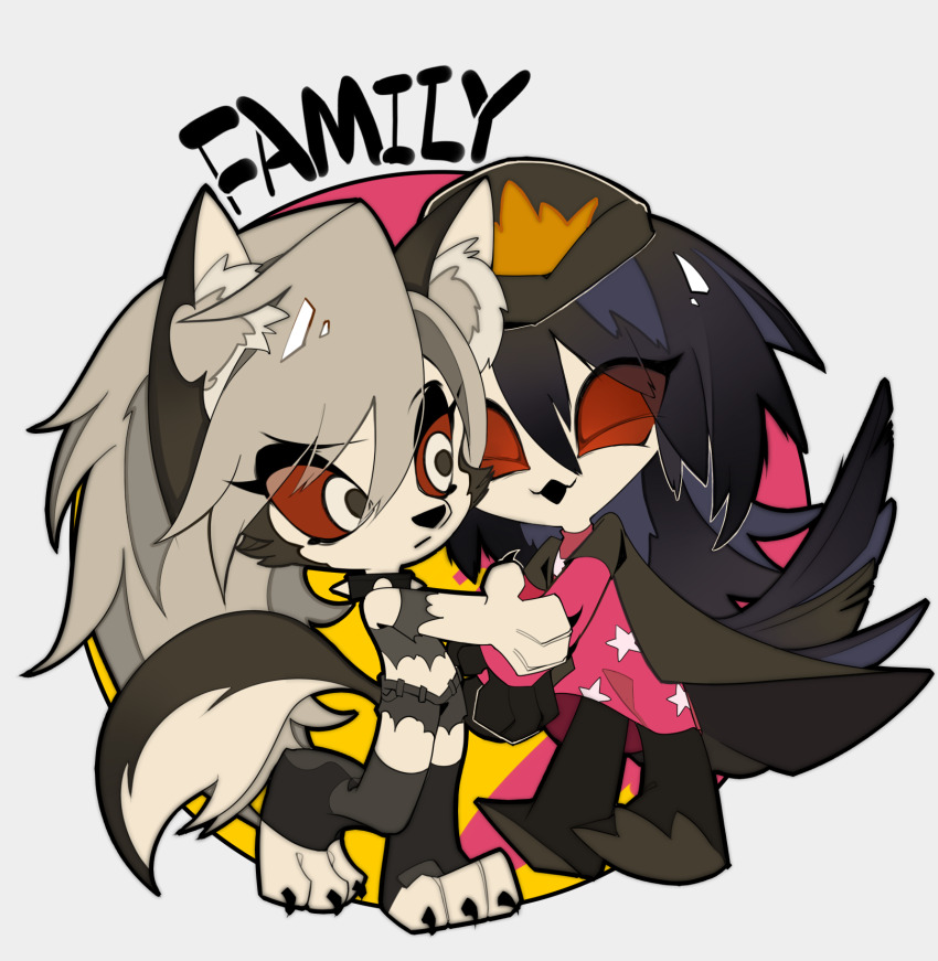 2girls animal_ears black_feathers crop_top dog_ears dog_girl dog_tail feathers furry furry_female hellaverse helluva_boss highres looking_at_another loona_(helluva_boss) multiple_girls octavia_(helluva_boss) owl_girl red_eyes shorts tail zhu_xing_pupupu