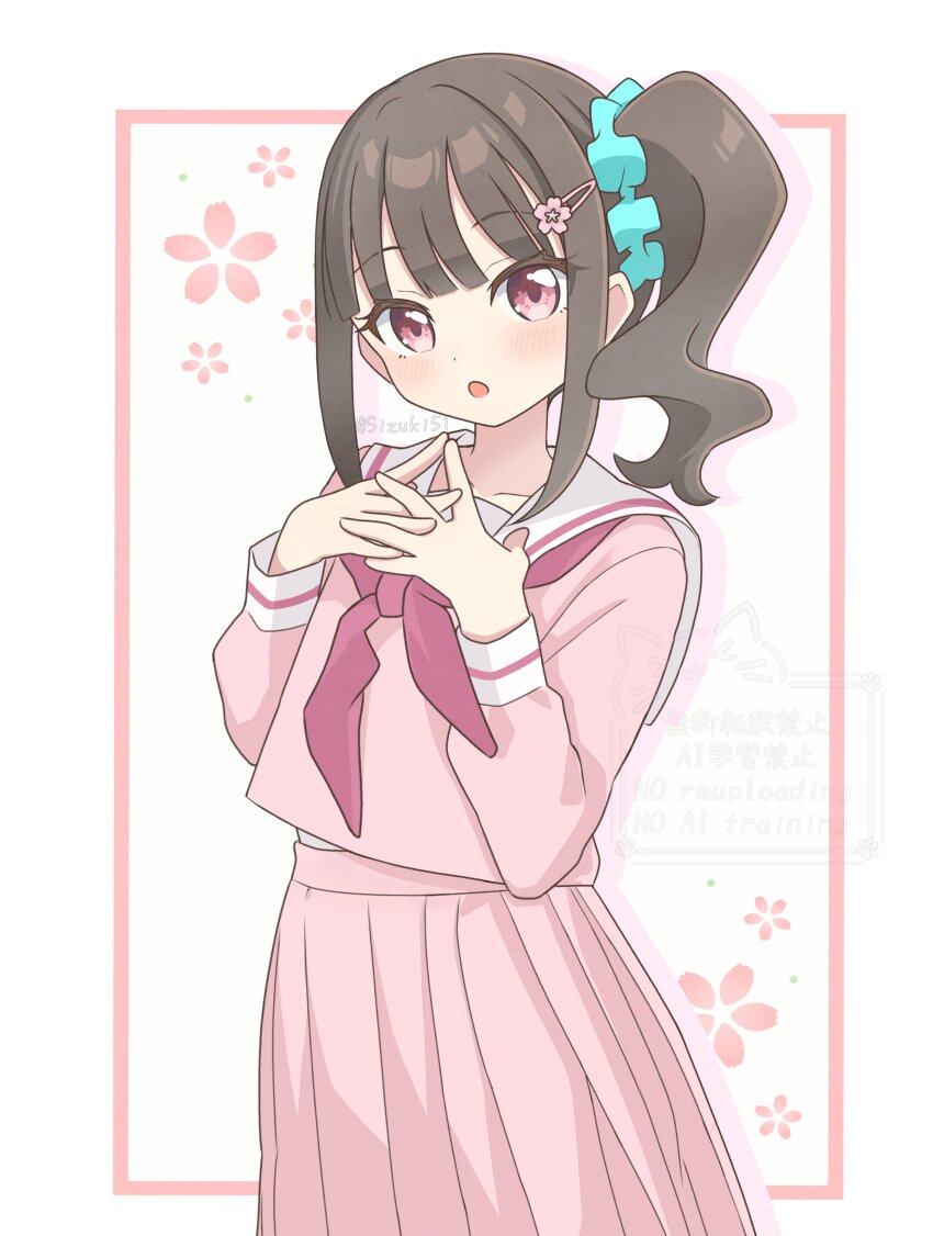 1girl absurdres character_request collarbone commentary_request highres long_sleeves neckerchief open_mouth pink_neckerchief pink_serafuku pink_shirt pink_skirt pleated_skirt precure sailor_collar school_uniform serafuku shirt sizuki_haru skirt solo undershirt undershirt_peek white_sailor_collar wonderful_precure!