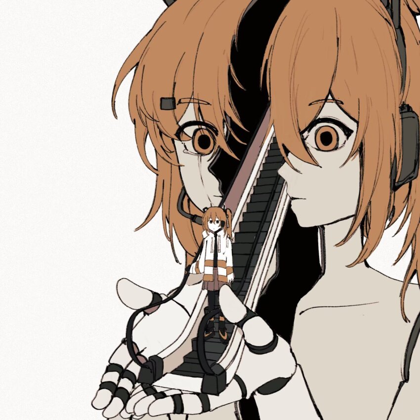 2girls a.i._voice adachi_rei coat commentary english_commentary expressionless headset highres joints mini_person minigirl multiple_girls orange_eyes orange_hair robot_girl robot_joints skirt stairs white_coat yuu_(tangzeyuu)