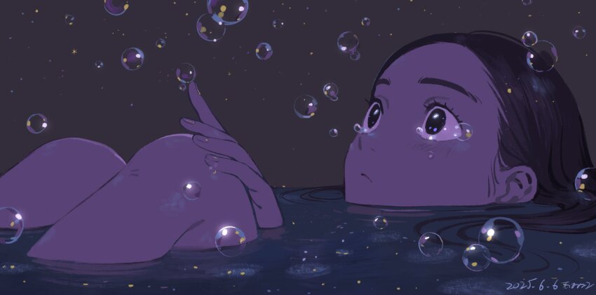 1girl akaneko_(redakanekocat) bathing black_eyes black_hair closed_mouth commentary_request dated eyelashes grey_background hair_behind_ear hand_on_own_knee highres original partially_submerged soap_bubbles solo water wet wet_hair