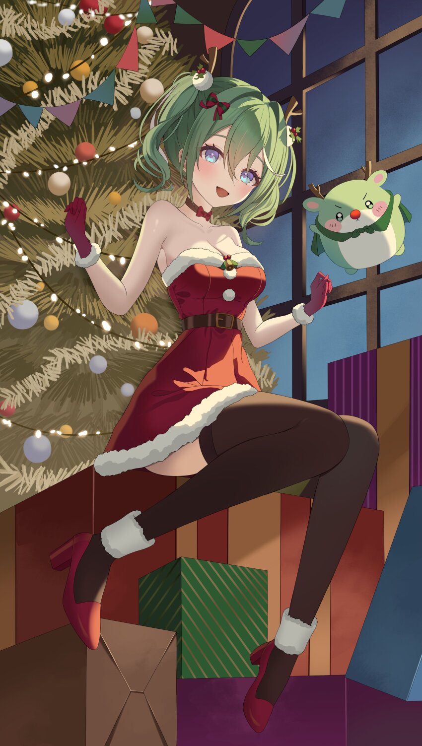 1girl absurdres antlers armpits bell belt black_belt black_choker black_thighhighs blue_eyes bow box breasts cape chico_(yuzuha_riko) choker christmas christmas_lights christmas_ornaments christmas_tree cleavage collarbone commentary creature dress full_body fur-trimmed_dress fur-trimmed_gloves fur_trim gift gift_box gloves green_cape green_hair hair_bow hair_ornament hanabi_(minjo_0220) high_heels highres holly holly_hair_ornament horns medium_breasts multicolored_hair open_mouth pom_pom_(clothes) pom_pom_hair_ornament red_bow red_dress red_gloves red_nose red_shoes reindeer_antlers santa_costume santa_dress shoes sitting stellive strapless strapless_dress streaked_hair symbol-only_commentary thighhighs tinsel twintails virtual_youtuber white_hair window yuzuha_riko