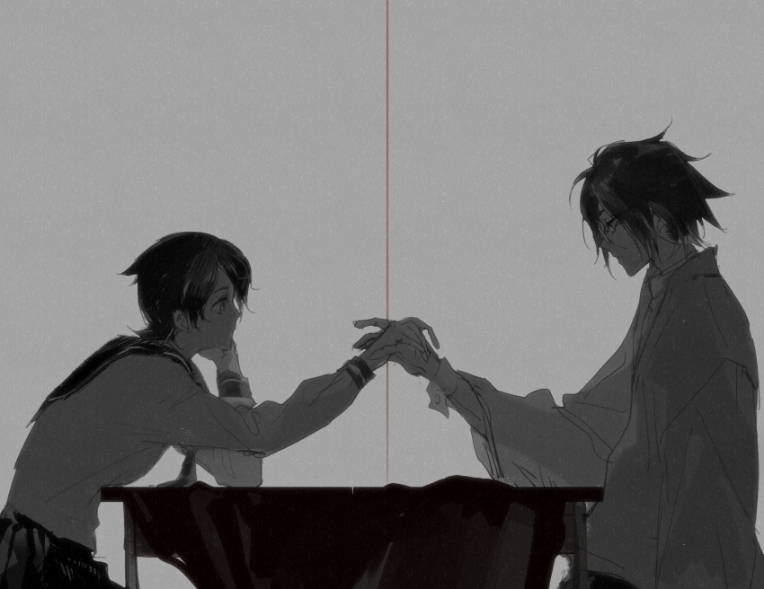1boy 1girl black_hair chinese_commentary commentary_request cowboy_shot from_side fuura_kafuka glasses grey_background highres holding_hands itoshiki_nozomu japanese_clothes kimono looking_at_another monochrome neckerchief sayonara_zetsubou_sensei school_uniform serafuku short_hair sitting spot_color string string_of_fate table teacher_and_student yeluo_black