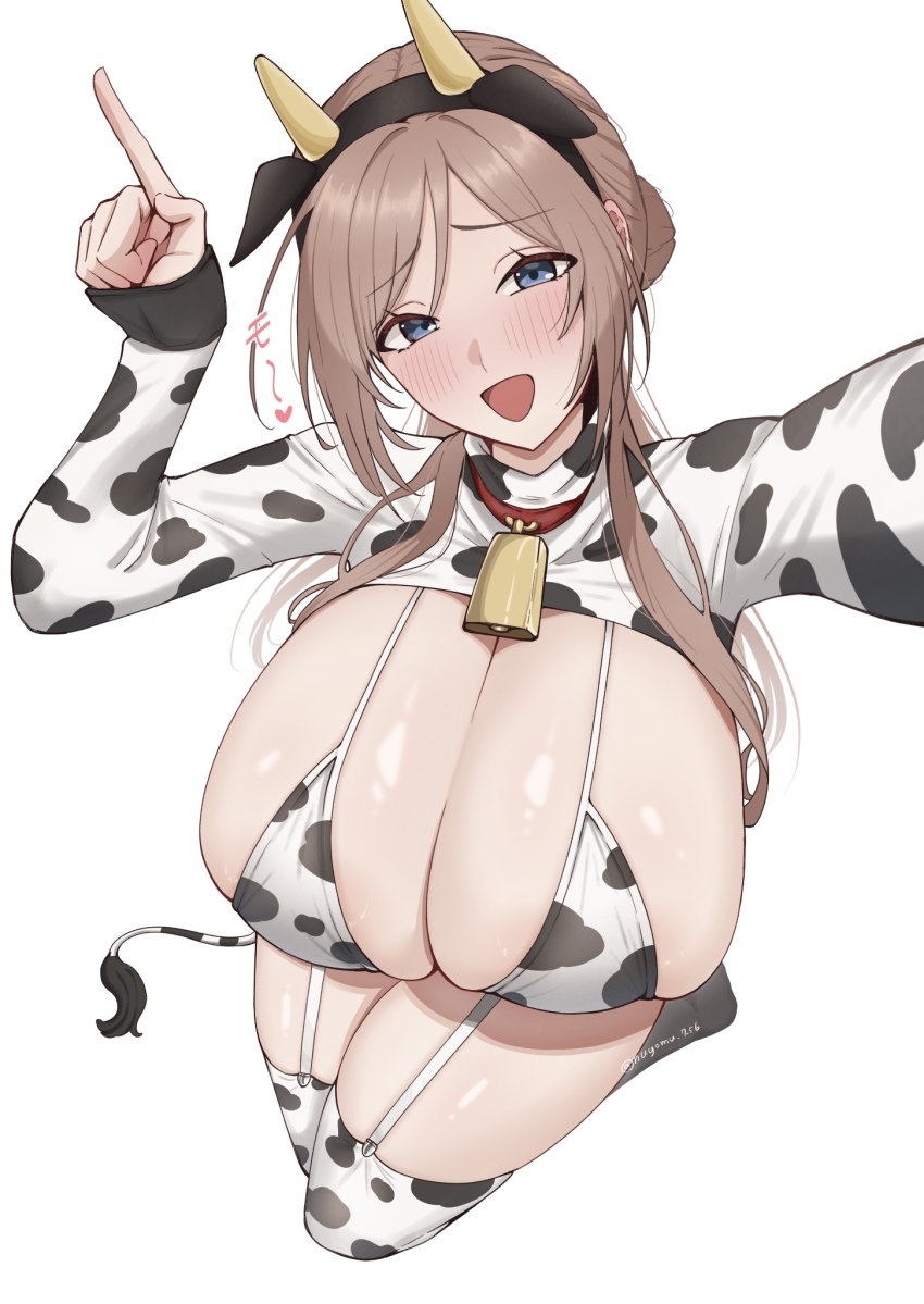 1girl animal_ear_hairband animal_ears animal_print bell bikini blue_eyes blush breasts brown_hair cleavage commentary_request cow_ear_hairband cow_ears cow_horns cow_print cow_print_bikini cow_print_thighhighs cow_tail cowbell fake_animal_ears fake_horns foreshortening from_above gakuen_idolmaster hair_bun hairband highres himesaki_rinami horns huge_breasts idolmaster index_finger_raised long_hair looking_at_viewer nagomu_7_56 neck_bell open_mouth outstretched_arm print_bikini print_thighhighs shrug_(clothing) sidelocks simple_background single_hair_bun skindentation smile solo swimsuit tail thighhighs thighs