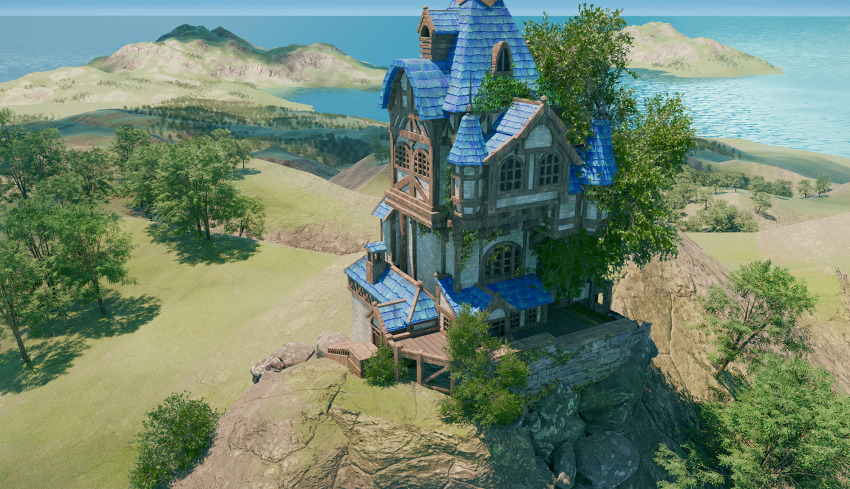 3d building commentary day highres hill horizon house ideun landscape no_humans ocean original outdoors scenery shore tile_roof tree variant_set
