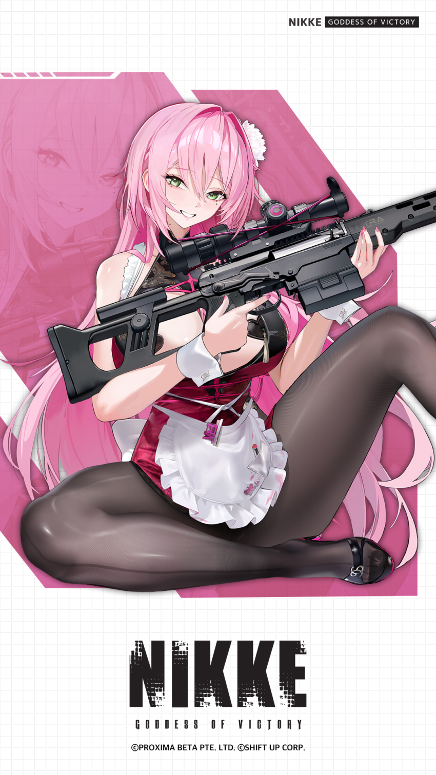 1girl apron bare_shoulders black_leotard black_pantyhose black_shoes breasts cleavage clothing_cutout commentary covered_erect_nipples dress flower goddess_of_victory:_nikke green_eyes gun hair_between_eyes hair_flower hair_intakes hair_ornament heart heart_pasties highres holding holding_gun holding_weapon large_breasts leotard long_hair looking_at_viewer maid maid_apron mole mole_under_eye official_art pantyhose parted_lips pasties pink_dress pink_hair rifle scope shoes sitting sleeveless sleeveless_dress smile sniper_rifle solo velvet_(nikke) waist_apron weapon white_apron white_wrist_cuffs wrist_cuffs