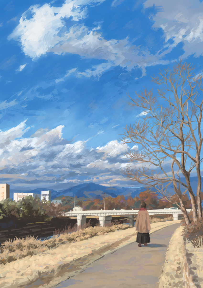 1girl black_skirt blue_sky bridge brown_coat brown_hair building canal cloud coat commentary_request day from_behind grass highres landscape mountain mountainous_horizon original outdoors power_lines red_scarf scarf scenery shurock skirt sky tree upper_body vanishing_point walking