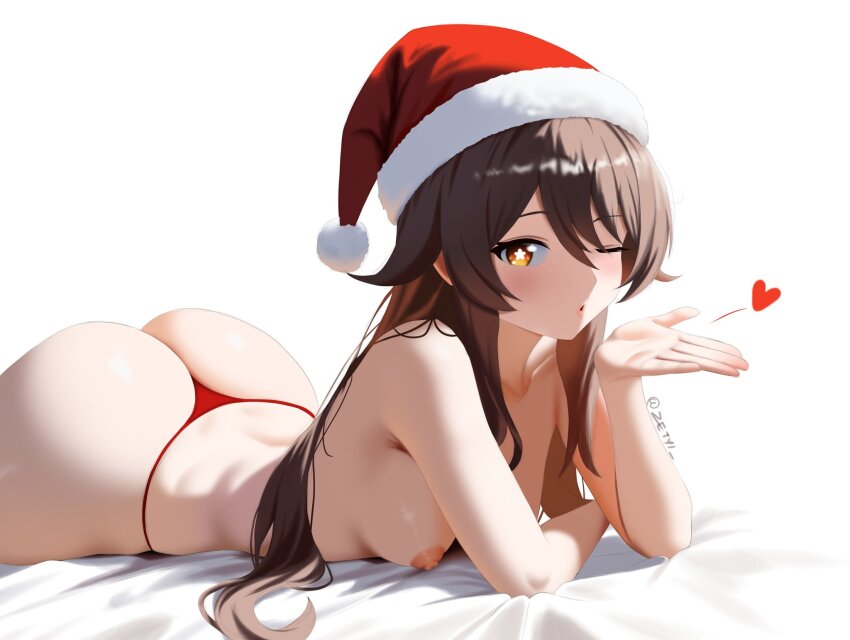 1girl alternate_hairstyle artist_name ass blowing_kiss breasts brown_eyes brown_hair commentary_request cowboy_shot flower-shaped_pupils genshin_impact hat heart highres hu_tao_(genshin_impact) huge_ass long_hair looking_at_viewer lying medium_breasts nipples on_stomach one_eye_closed panties puckered_lips red_hat red_panties santa_hat simple_background solo spanish_commentary string_panties symbol-shaped_pupils the_pose thong topless_female twitter_username underwear white_background zetyi