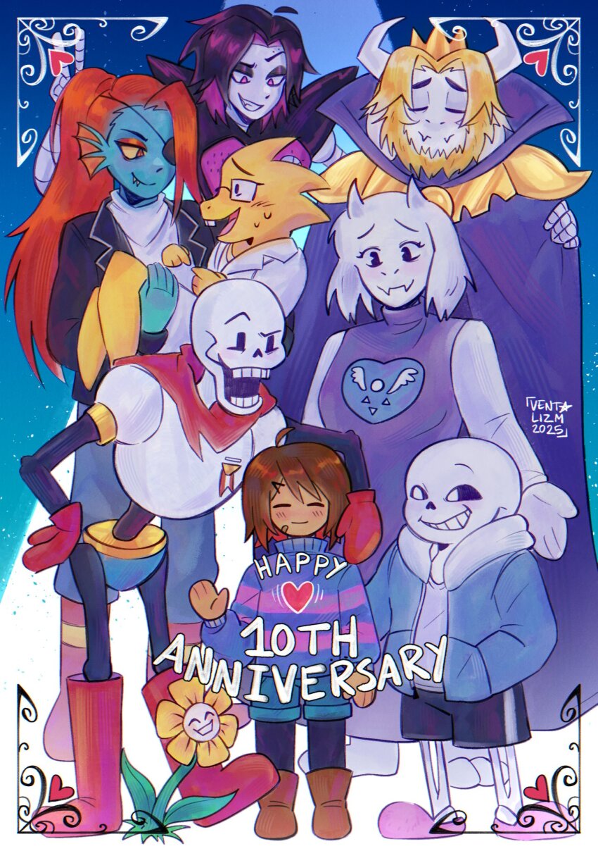 1other 3girls 4boys alphys anniversary asgore_dreemurr black_hair black_shorts blonde_hair blue_jacket blue_shorts blue_sweater boots brown_boots brown_hair cloak closed_eyes commentary crown delta_rune_(symbol) double_horizontal_stripe english_commentary english_text fangs fins fish_girl flower flowey_(undertale) frisk_(undertale) furry furry_female furry_male goat_boy goat_girl hands_in_pockets head_fins heart highres hood jacket long_hair mettaton mettaton_ex mittens multiple_boys multiple_girls papyrus_(undertale) pink_slippers ponytail purple_cloak purple_robe red_boots red_hair red_mittens reptile_girl robe sans_(undertale) shorts skeleton slippers smile sweater toriel undertale undyne utdr_(toby_fox) ventalizm white_hood yellow_flower