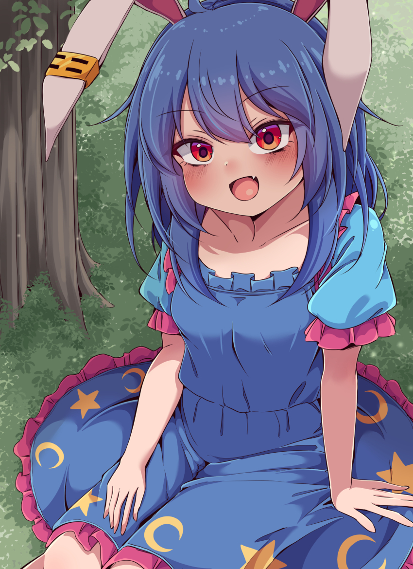1girl animal_ears blue_dress blue_hair blush collarbone commentary_request crescent_print dress earclip fang highres long_hair looking_at_viewer open_mouth outdoors print_dress puffy_short_sleeves puffy_sleeves rabbit_ears rabbit_girl red_eyes seiran_(touhou) short_sleeves sitting siw0n skin_fang smile solo star_(symbol) star_print touhou
