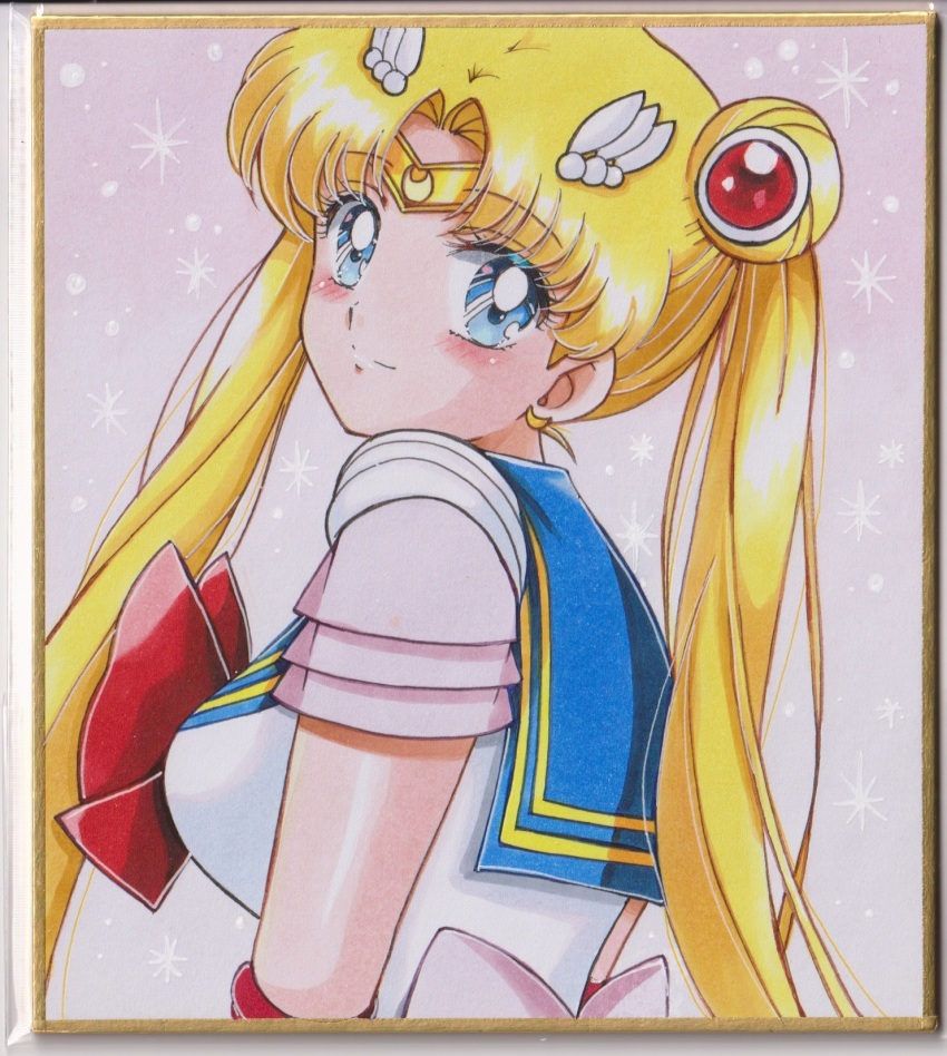 1girl bishoujo_senshi_sailor_moon blonde_hair blue_eyes blue_sailor_collar blush bow bowtie breasts chikoto_(kztc4472) circlet closed_mouth commentary hair_bun hair_ornament highres long_hair looking_at_viewer magical_girl medium_breasts parted_bangs pink_background red_bow red_bowtie sailor_collar sailor_moon sailor_senshi_uniform shirt short_sleeves smile solo super_sailor_moon traditional_media tsukino_usagi twintails upper_body white_shirt wing_hair_ornament
