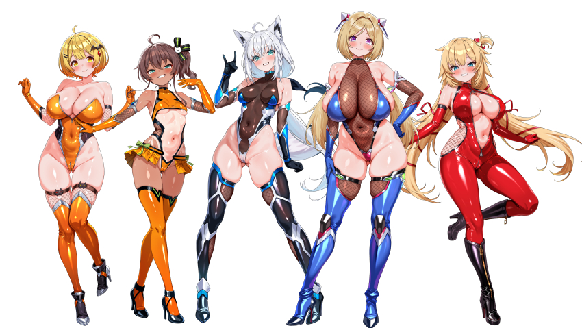5girls absurdres ahoge akai_haato aki_rosenthal animal_ear_fluff animal_ears bat_hair_ornament black_boots black_gloves black_thighhighs blonde_hair blue_eyes blue_gloves blue_thighhighs bob_cut bodystocking bodysuit boots braid breast_zipper breasts brown_hair cameltoe catsuit cleavage commentary_request covered_navel crotch_zipper elbow_gloves fishnet_bodystocking fishnet_gloves fishnet_leotard fishnet_thighhighs fishnets fox_ears fox_girl fox_shadow_puppet fox_tail full_body gloves grin hair_between_eyes hair_ornament hair_ribbon hairclip halterneck hand_on_own_hip heart heart_hair_ornament high_heel_boots high_heels highleg highleg_leotard highres hololive knee_boots large_breasts latex latex_bodysuit leotard long_hair low_twintails medium_breasts multiple_girls naguanan natsuiro_matsuri orange_gloves orange_leotard orange_thighhighs parted_bangs purple_eyes red_bodysuit red_gloves ribbon see-through_clothes see-through_leotard shirakami_fubuki shoes short_hair showgirl_skirt side_ponytail sideboob small_breasts smile standing strapless strapless_leotard tail taimanin_suit tan thighhighs twintails underboob very_long_hair virtual_youtuber white_hair yellow_eyes yozora_mel