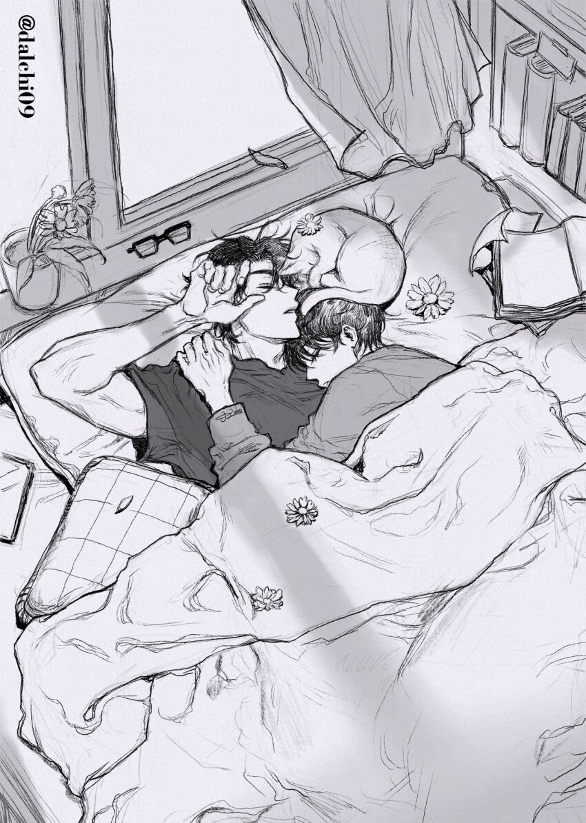 2boys bedroom book bookshelf cat closed_eyes commentary curtains dalchi09 english_commentary falling_leaves flower from_above glasses greyscale hand_up highres indoors kim_dokja leaf monochrome multiple_boys omniscient_reader's_viewpoint open_book open_window plant potted_plant shirt short_hair sleeping sleeping_on_person sunflower t-shirt toned toned_male under_covers wind window window_light yoo_joonghyuk