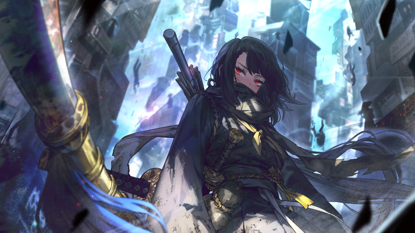 1girl 6+others black_hair blue_robe game_cg gourd highres holding holding_polearm holding_weapon hongyuan_(identity)_(project_moon) limbus_company medium_hair multiple_others nai_ga neck_ribbon official_art ootachi polearm project_moon red_eyes ribbon robe rope_belt ryoshu_(project_moon) scarf sheath sheathed short_sword solo_focus spear sword umbrella weapon yellow_ribbon
