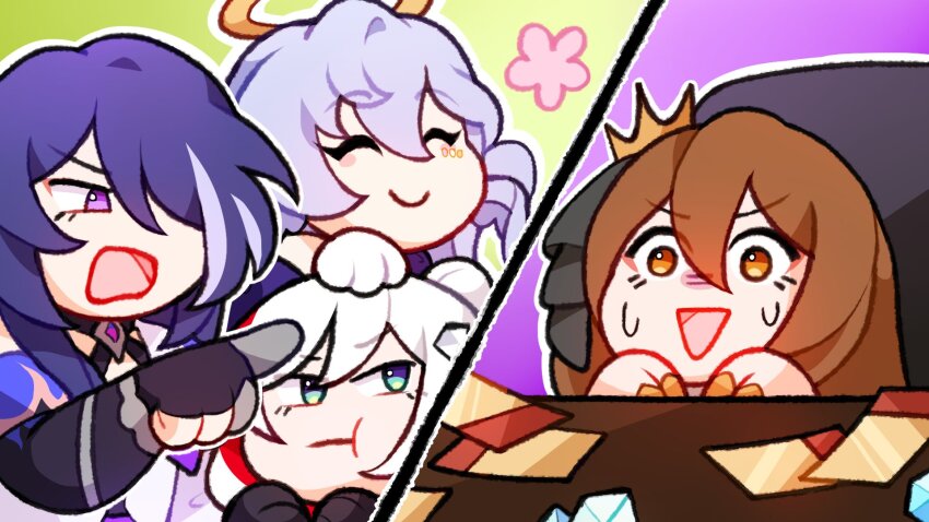 4girls :d ^_^ acheron_(honkai:_star_rail) brown_hair closed_eyes commission crown flower halo highres honkai:_star_rail honkai_(series) indie_virtual_youtuber meme mina_aoyama multicolored_hair multiple_girls open_mouth orange_eyes pink_flower pointing pout purple_eyes purple_hair rewuyuu robin_(honkai:_star_rail) smile split_screen stellar_jade streaked_hair sweatdrop table ticket topaz_(honkai:_star_rail) virtual_youtuber white_hair woman_yelling_at_cat_(meme)