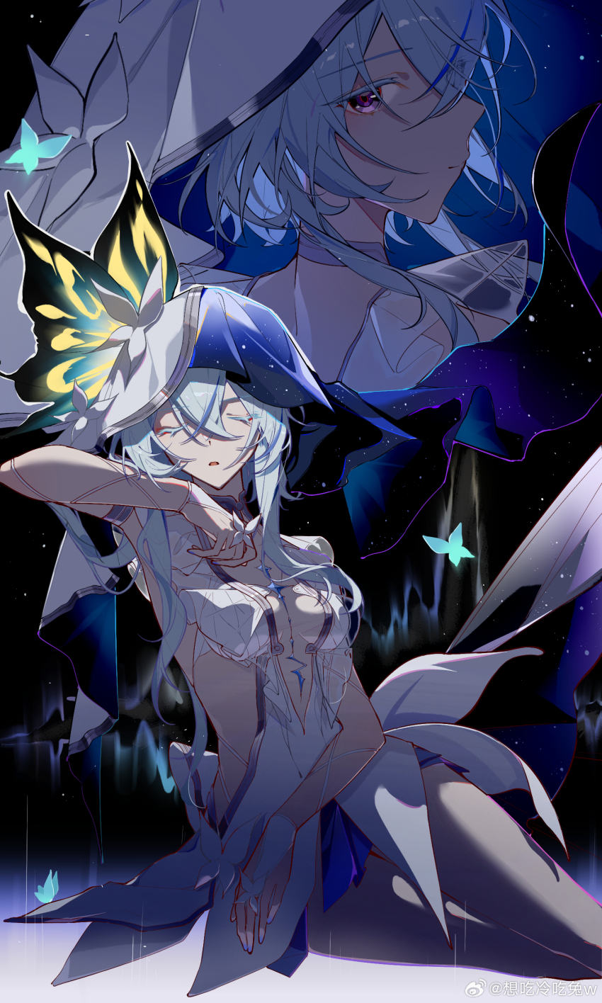 1girl absurdres aqua_hair aurora bare_arms bare_legs bare_shoulders blue_butterfly blue_nails body_markings breasts breasts_apart bridal_gauntlets bug butterfly butterfly_hat_ornament chinese_commentary closed_eyes commentary dress feet_out_of_frame frilled_dress frills glowing_butterfly hat_ornament highres insect kylin_47 looking_at_viewer medium_breasts nail_polish night open_mouth plunging_neckline projected_inset purple_eyes revealing_clothes shorekeeper_(wuthering_waves) short_dress sideless_dress skindentation sleeping solo split-color_clothes star_(sky) tacet_mark_(wuthering_waves) two-tone_veil veil wuthering_waves