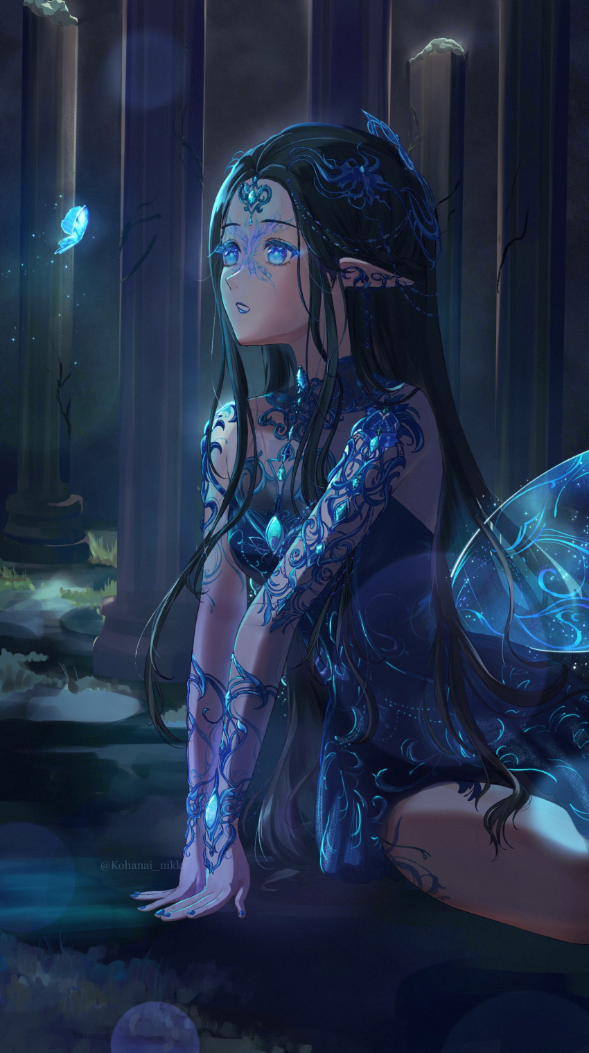 1girl absurdres aqua_gem black_hair blue_butterfly blue_collar blue_dress blue_lips blue_nails blue_wings bug bush butterfly chest_jewel collar commentary_request cowboy_shot detached_collar dress facial_tattoo fairy fairy_wings forehead_jewel forest gem highres insect jewelry kohanai_setsuna leg_tattoo light_particles lipstick long_hair long_sidelocks looking_ahead makeup nail_polish nature night nikki_(series) noctis_arcanum_lumen_(shining_nikki) outdoors parted_lips pointy_ears pointy_nose shining_nikki short_dress sidelocks sitting skindentation solo strapless strapless_dress tattoo very_long_hair wavy_hair wings