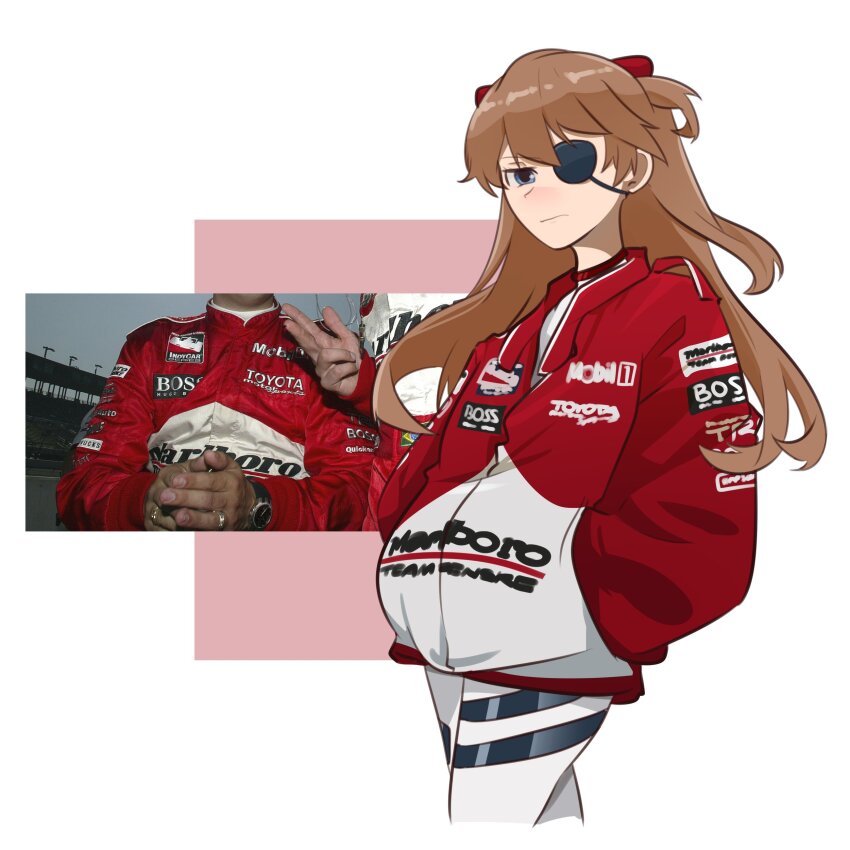 1girl absurdres brown_hair cropped_legs evangelion:_3.0_you_can_(not)_redo eyepatch frown hands_in_pockets highres holeecrab indycar_series interface_headset_(evangelion) jacket long_hair looking_at_viewer marlboro mecha_pilot_suit mobil1 neon_genesis_evangelion photo_inset plugsuit_(evangelion) racing_suit rebuild_of_evangelion scowl souryuu_asuka_langley toyota white_background