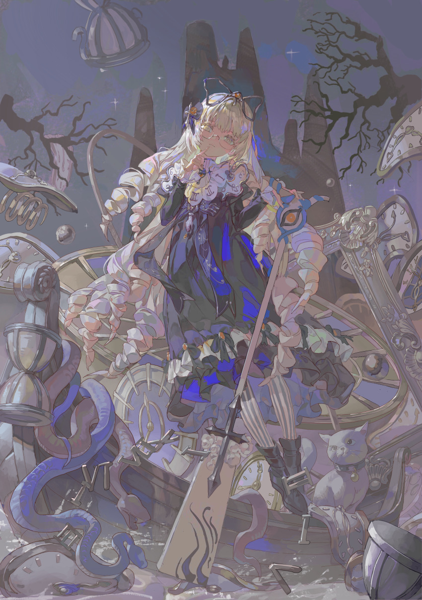 1girl absurdres animal bare_tree blonde_hair blunt_bangs boots cane cat clock closed_mouth colored_eyelashes dress eyelashes flower frilled_dress frilled_sleeves frills full_body glasses hair_ornament head_tilt highres holding holding_cane hourglass long_hair long_sleeves looking_at_viewer mountain night original outdoors pantyhose red_flower red_rose ringlets rose semi-rimless_eyewear sidelocks sky snake solo ssoouull star_(sky) striped_clothes striped_pantyhose tree yellow_eyes