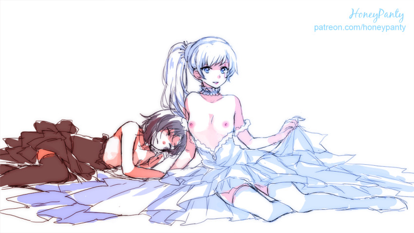 2girls alternate_costume arm_support black_dress black_hair black_thighhighs blue_eyes breasts choker closed_eyes commentary dress english_commentary lace lace_choker long_legs looking_at_viewer lying multiple_girls no_bra off_shoulder on_side patreon_username peachpii ponytail ruby_rose rwby scar scar_across_eye scar_on_face skirt_hold sleeping small_breasts thighhighs thighs tiara watermark web_address weiss_schnee white_dress white_thighhighs