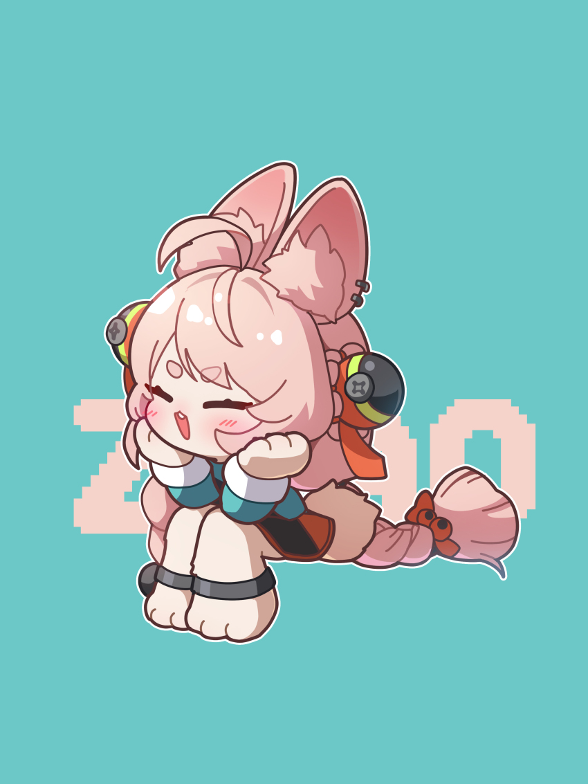 1girl absurdres ahoge animal_ear_fluff animal_ear_piercing animal_ears animal_feet anklet blush braid braided_twintails bright_pupils character_name chibi closed_eyes commentary elbows_on_knees english_commentary fake_animal_ears furry furry_female green_background green_shirt hair_ornament head_rest highres invisible_chair jewelry long_hair open_mouth outline pink_fur pink_hair rabbit_ears rabbit_girl screw shirt short_eyebrows sitting solo sphere_hair_ornament thick_eyebrows uz_(uzru0428) white_outline white_pupils zenless_zone_zero zhao_(zenless_zone_zero)