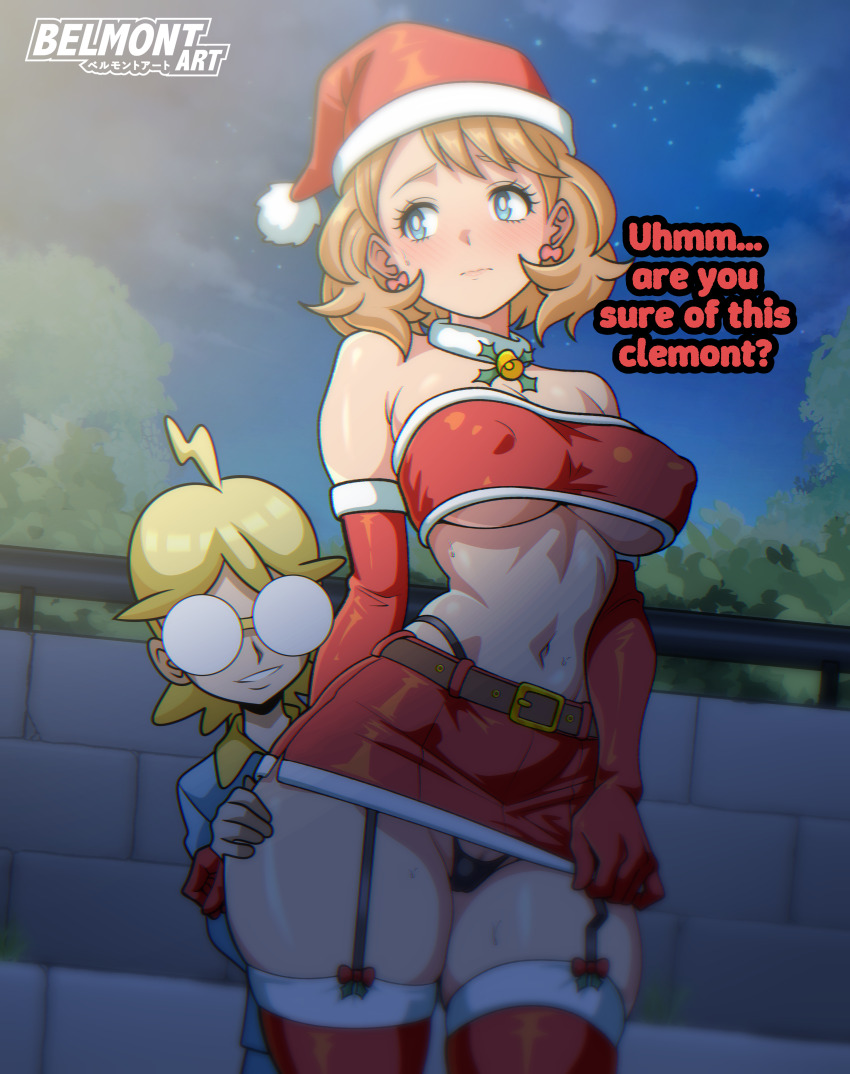 1boy 1girl absurdres age_difference artist_name bare_shoulders behind_another belmont_art belt black_garter_straps black_panties blonde_hair blue_eyes blush breasts brown_belt brown_hair clemont_(pokemon) closed_mouth commentary covered_erect_nipples cowboy_shot earrings elbow_gloves english_commentary garter_straps glasses gloves hand_on_another's_thigh hat highleg highleg_panties highres jewelry large_breasts miniskirt navel night nintendo no_bra onee-shota opaque_glasses outdoors panties pokemon pokemon_(anime) pokemon_journeys pokemon_xy_(anime) red_gloves red_hat red_skirt red_thighhighs red_tube_top round_eyewear santa_costume santa_hat serena_(pokemon) short_hair shotadom skirt skirt_tug stomach strapless thighhighs tube_top underboob underwear