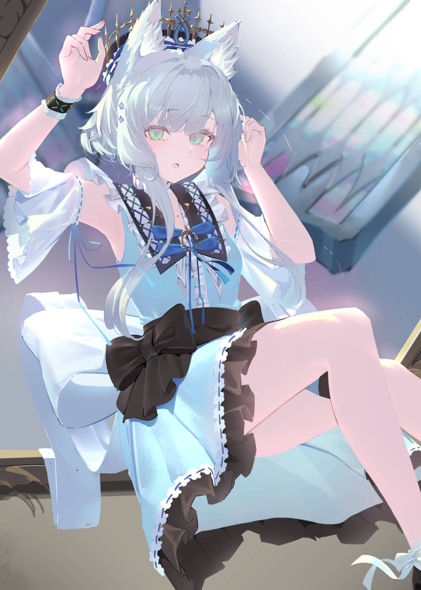 1girl absurdres animal_ear_fluff animal_ears arknights armpits arms_up black_bow blue_bow blue_dress blurry blurry_background bow cat_ears commentary_request crown depth_of_field dress feet_out_of_frame frilled_dress frills green_eyes grey_hair highres long_hair looking_at_viewer lycoris-fullbloom parted_lips rosmontis_(arknights) single_wrist_cuff sleeveless sleeveless_dress solo very_long_hair wrist_cuffs