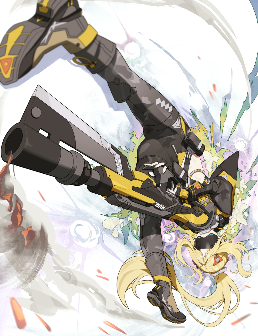 1girl absurdres black_gloves black_pants black_shrug blindfold_mask blonde_hair camouflage camouflage_jacket camouflage_pants commentary_request covered_eyes fingerless_gloves gloves glowing_mask gun gunblade hair_ornament handgun highres jacket latex_pants long_hair mangsik mask midriff pants ponytail rifle shrug_(clothing) sniper_rifle solo steam tight_clothes tight_pants triangle_hair_ornament trigger_(zenless_zone_zero) upside-down weapon white_background zenless_zone_zero zipper_pull_tab