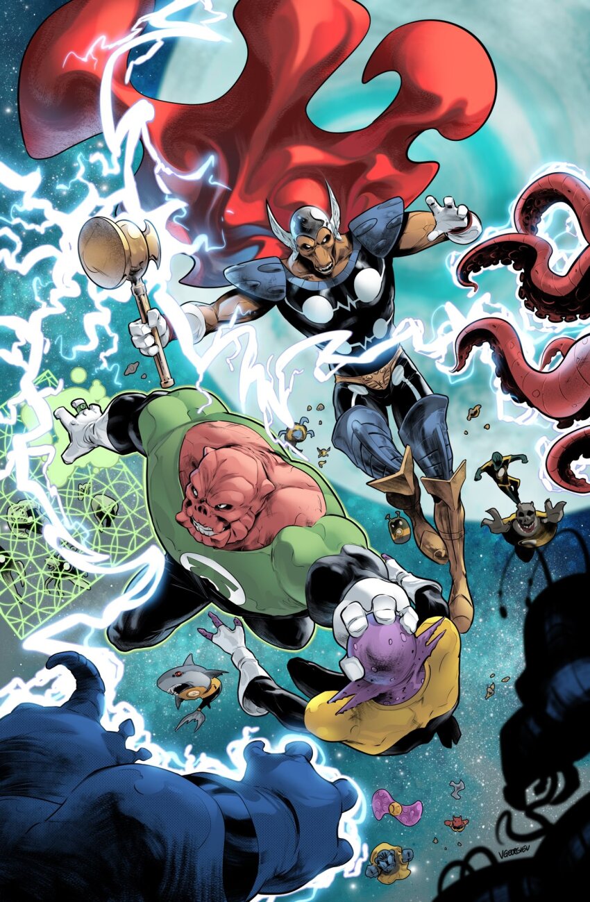 6+boys alien armor beta_ray_bill blurry cape character_request colored_skin commentary crossover dc_comics depth_of_field electricity electrokinesis english_commentary fighting floating_cape gloves grabbing_another's_face green_lantern green_lantern_(series) green_lantern_corps grin head_grab helmet highres holding holding_weapon male_focus marvel multiple_boys muscular muscular_male orange_skin pauldrons power_ring_(green_lantern) red_cape red_skin shark shoulder_armor smile space stormbreaker superhero_costume tentacles thor_(marvel)_(series) vasco_georgiev weapon white_gloves winged_helmet