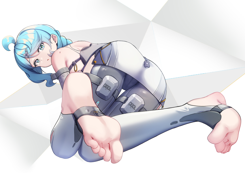 1girl absurdres ahoge blue_eyes blue_hair braid comaya commentary_request detached_sleeves dress grey_pants highres long_hair looking_at_viewer pants seed_(zenless_zone_zero) soles solo stirrup_legwear thigh_gap toeless_legwear white_dress zenless_zone_zero