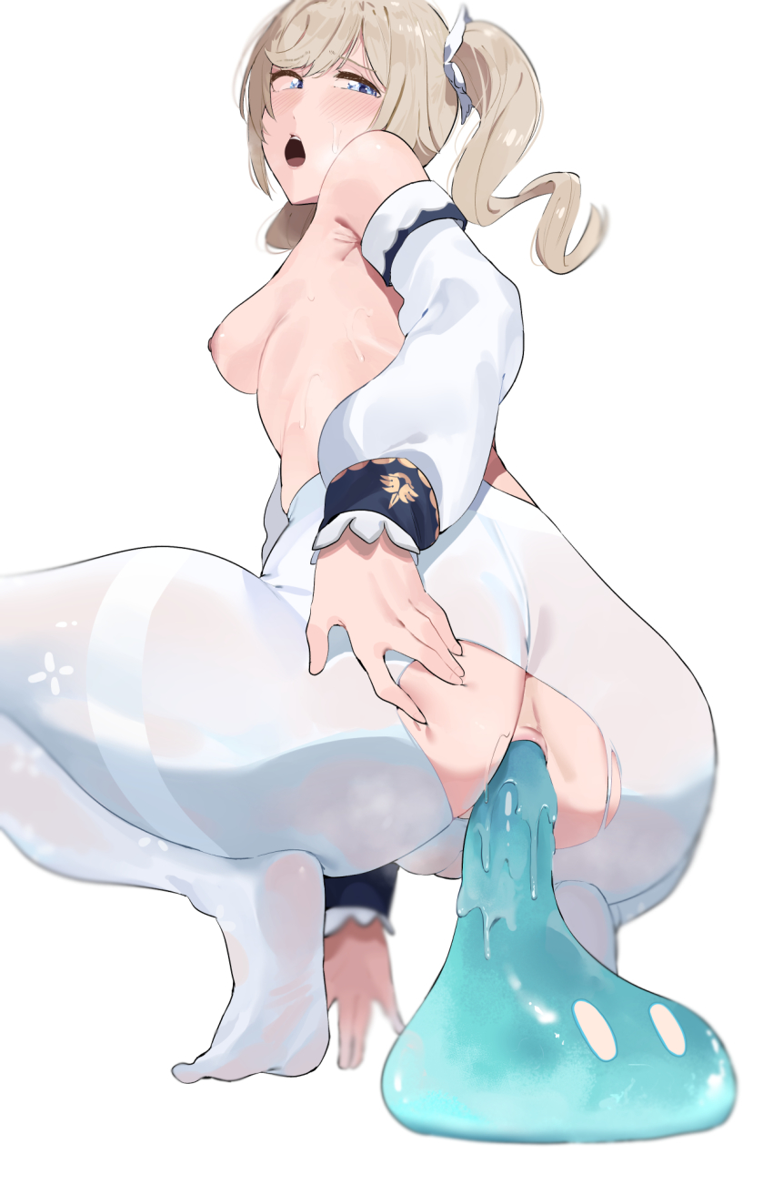 1girl anal anal_fluid anal_object_insertion anus barbara_(genshin_impact) bare_shoulders blonde_hair blue_eyes blurry blurry_background blush breasts cleft_of_venus commentary creature creature_inside detached_sleeves drill_hair english_commentary from_behind from_below genshin_impact half-closed_eyes highres light_brown_hair long_hair looking_back looking_down medium_breasts nipples no_panties no_shoes object_insertion okpriko open_mouth pantyhose simple_background slime_(creature) slime_(genshin_impact) slime_sex solo spread_anus squatting sweat topless_female torn_clothes torn_pantyhose twin_drills twintails white_background white_pantyhose white_sleeves