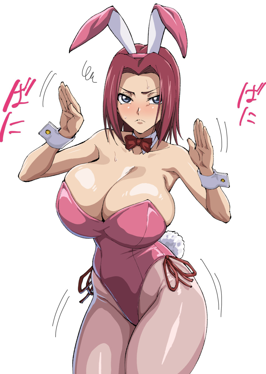 1girl :&lt; absurdres alternate_breast_size_(larger) animal_ear_hairband animal_ears bare_shoulders blue_eyes blush bow bowtie breasts cleavage code_geass collar collarbone cuffs curvy detached_collar embarrassed fake_animal_ears fake_bunny_ears fake_tail female_focus hairband highleg highleg_leotard highres iwao178 kouzuki_kallen large_breasts leotard looking_at_viewer medium_hair official_alternate_costume pantyhose parted_bangs pink_leotard pink_pantyhose playboy_bunny rabbit_ears rabbit_pose rabbit_tail red_bow red_bowtie red_hair shiny_clothes shiny_skin short_hair side-tie_leotard simple_background solo strapless strapless_leotard sweat tail white_background white_wrist_cuffs wide_hips wrist_cuffs