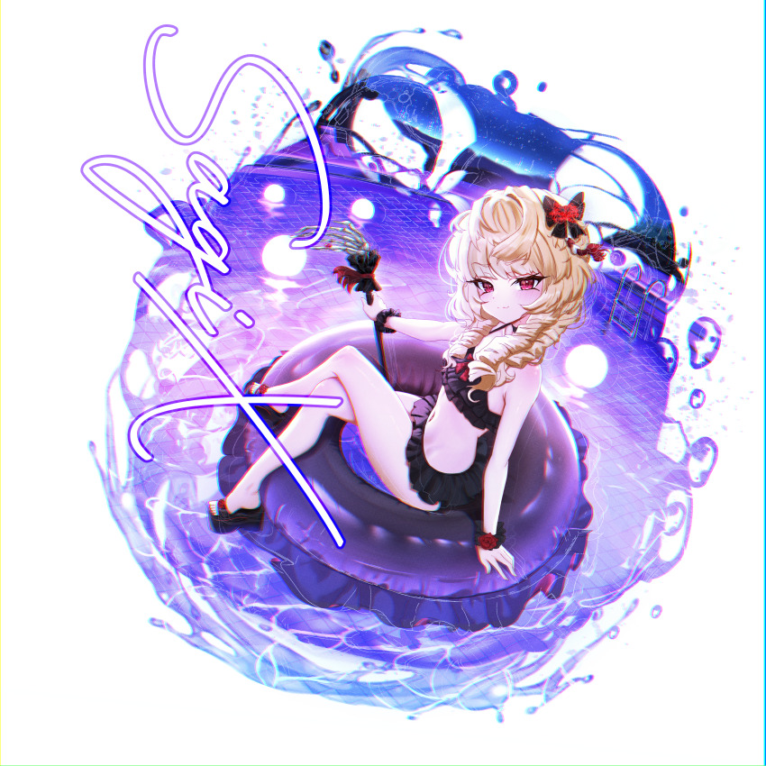 1girl absurdres afloat bikini black_bikini blonde_hair blonde_ojousama_(sagix) blush cane commentary_request commission crossed_legs drill_hair flat_chest frilled_bikini frills full_body highres innertube kiari_art long_hair looking_at_viewer navel night original pixiv_commission pool red_eyes smile solo swim_ring swimsuit