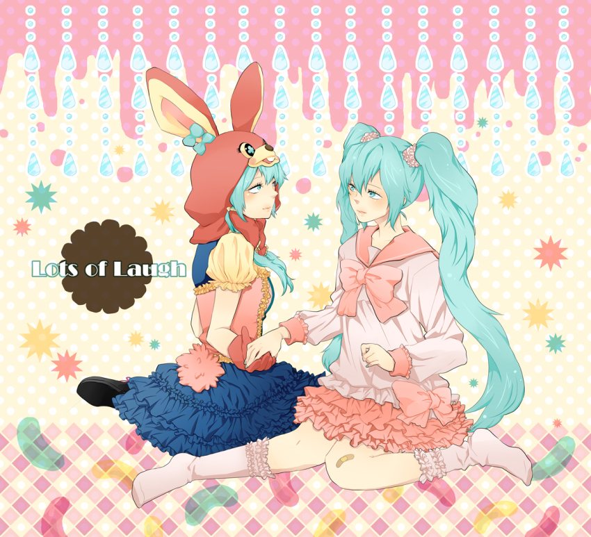 2girls animal_ears animal_hat aqua_eyes aqua_hair bonnet clone bad_tag frills gloves hat hatsune_miku hatsune_miku_(lollipop) lol_-lots_of_laugh-_(vocaloid) long_hair lots_of_laugh mogeratta momoiro_oji multiple_girls rabbit_ears sitting skirt socks twintails vocaloid