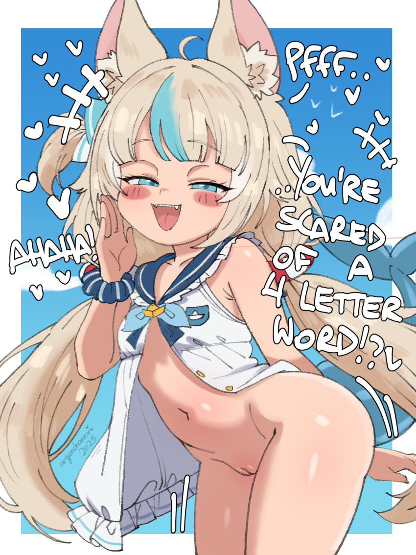 1girl :d animal_ear_fluff animal_ears argonchann blonde_hair blue_eyes cat_ears cleft_of_venus fang fins fish_tail highres indie_virtual_youtuber loli long_hair looking_at_viewer low_twintails open_mouth pussy sameko_saba sameko_saba_(1st_costume) shark_tail smile solo tail twintails virtual_youtuber