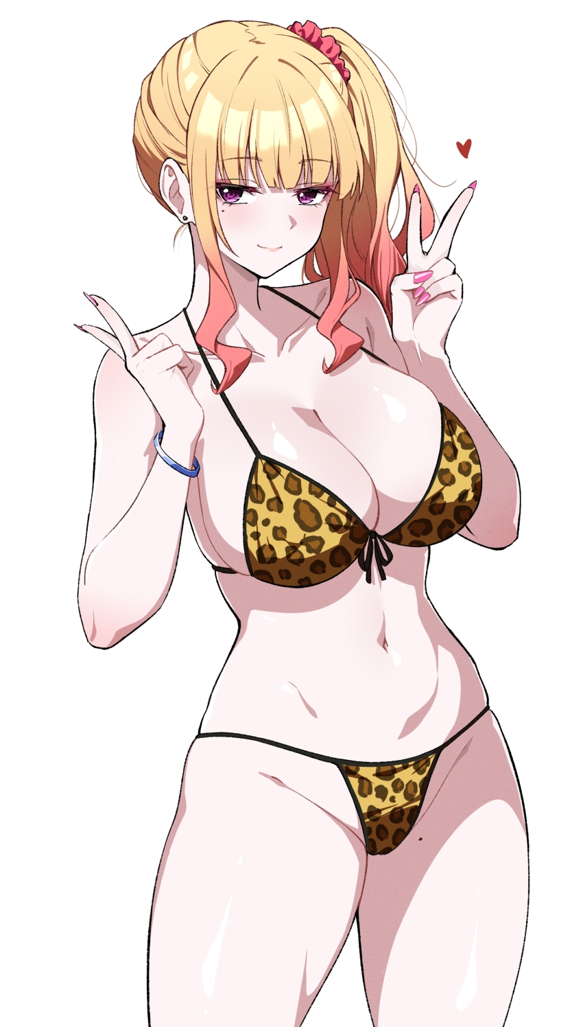1girl absurdres animal_print bikini blonde_hair breasts cleavage collarbone commentary cowboy_shot curvy double_v english_commentary gradient_hair gyaru high_side_ponytail highres large_breasts leopard_print leopard_print_bikini long_hair looking_at_viewer mole mole_under_eye multicolored_hair navel original pink_nails print_bikini purple_eyes reia_76 shiny_skin side_ponytail simple_background solo stomach swimsuit thong thong_bikini v white_background wide_hips