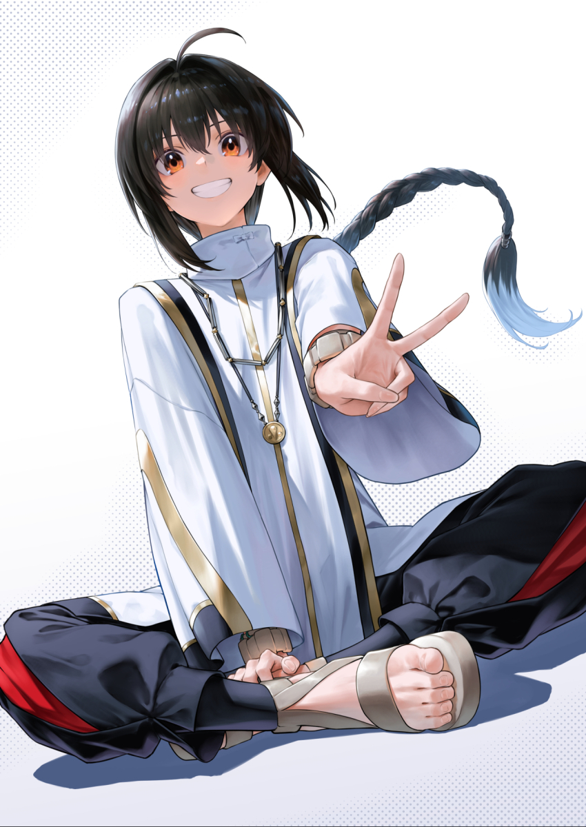 1other ahoge baggy_pants black_hair black_pants blush braid braided_ponytail brown_eyes fate/samurai_remnant fate_(series) grin highres jewelry long_hair long_sleeves looking_at_viewer mugetsu2501 necklace pants sandals shirt sidelocks sitting smile solo v white_shirt wide_sleeves yamato_takeru_(fate)