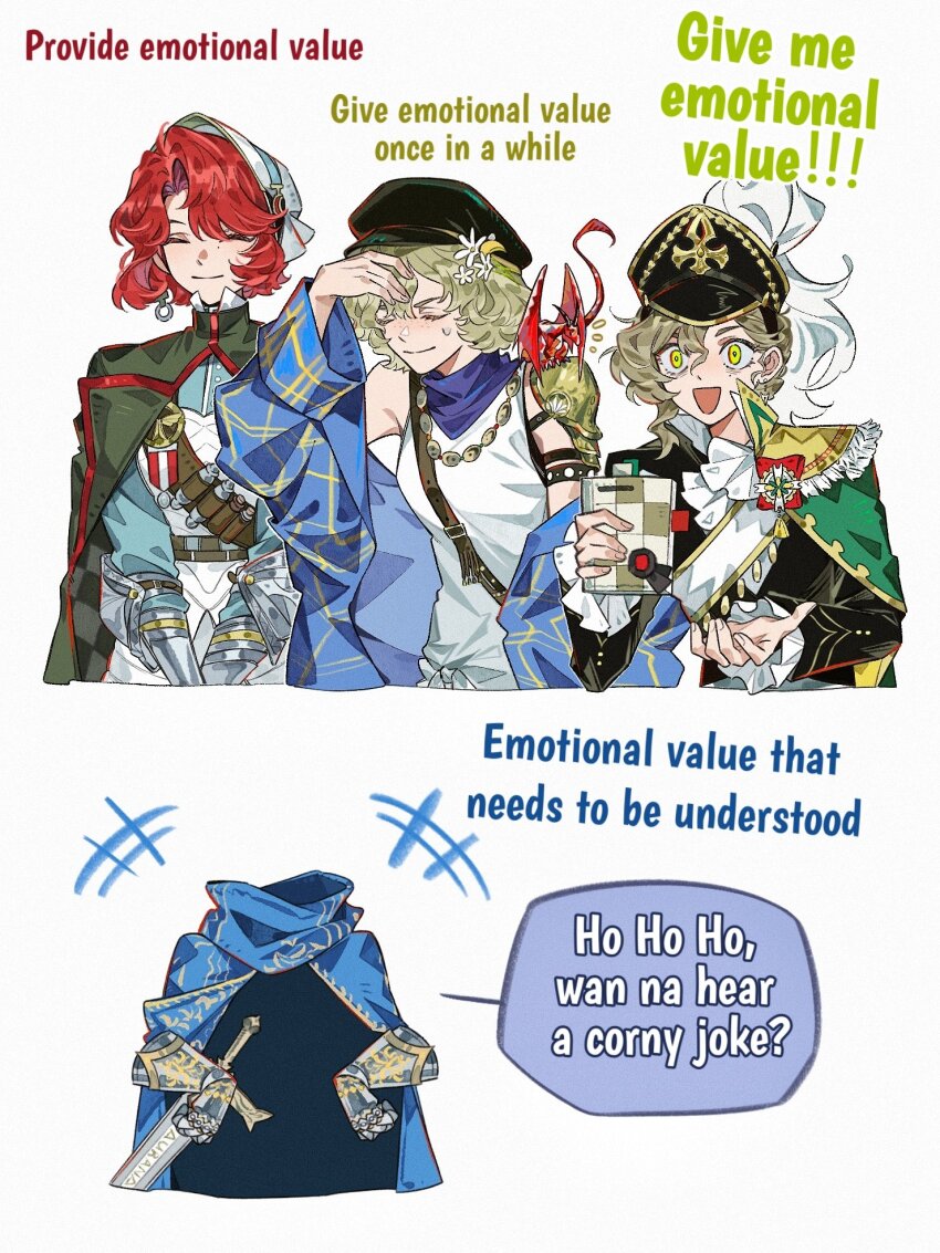 1other 3girls a_knight_(reverse:1999) armor blue_cape book brume_(reverse:1999) cape closed_eyes dragon english_text gauntlets hat highres holding holding_book invisible jo_jun knight laughing marsha_(reverse:1999) military_hat military_uniform multiple_girls ornate_armor recoleta_(reverse:1999) reverse:1999 speech_bubble