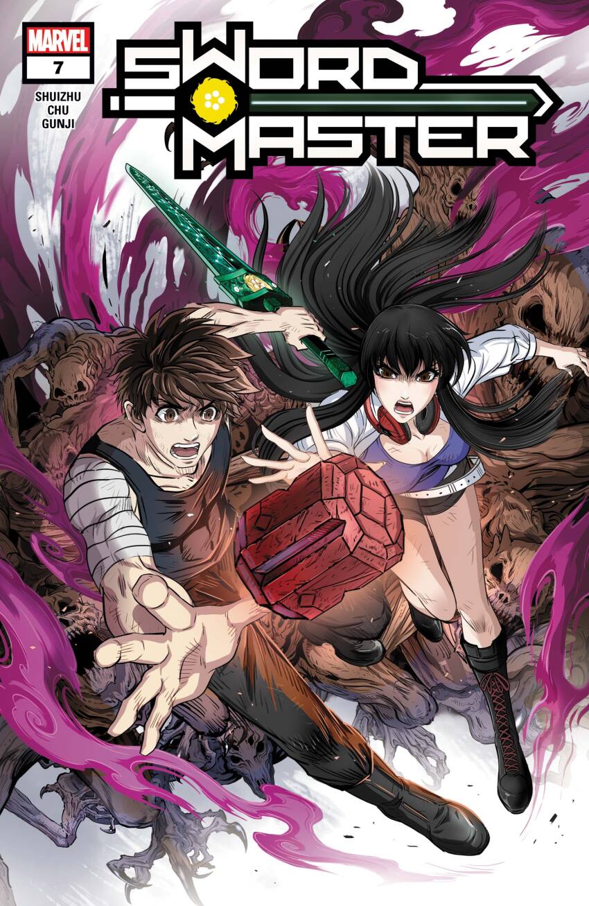 1boy 1girl absurdres artist_name bandages belt black_boots black_hair black_pants black_shorts black_tank_top boots breasts brown_eyes brown_hair character_name chen_xiaoyun_(gunji) cleavage comic_cover company_name copyright_logo copyright_name english_text floating_hair grey_background headphones headphones_around_neck highres holding holding_sword holding_weapon jacket ji_shuangshuang lin_lie_(marvel) logo long_hair marvel monster muscular muscular_male official_art open_mouth pants purple_shirt reaching scratches shirt short_hair shorts sword sword_master_(marvel) tank_top torn_clothes torn_shirt weapon white_background white_belt white_jacket