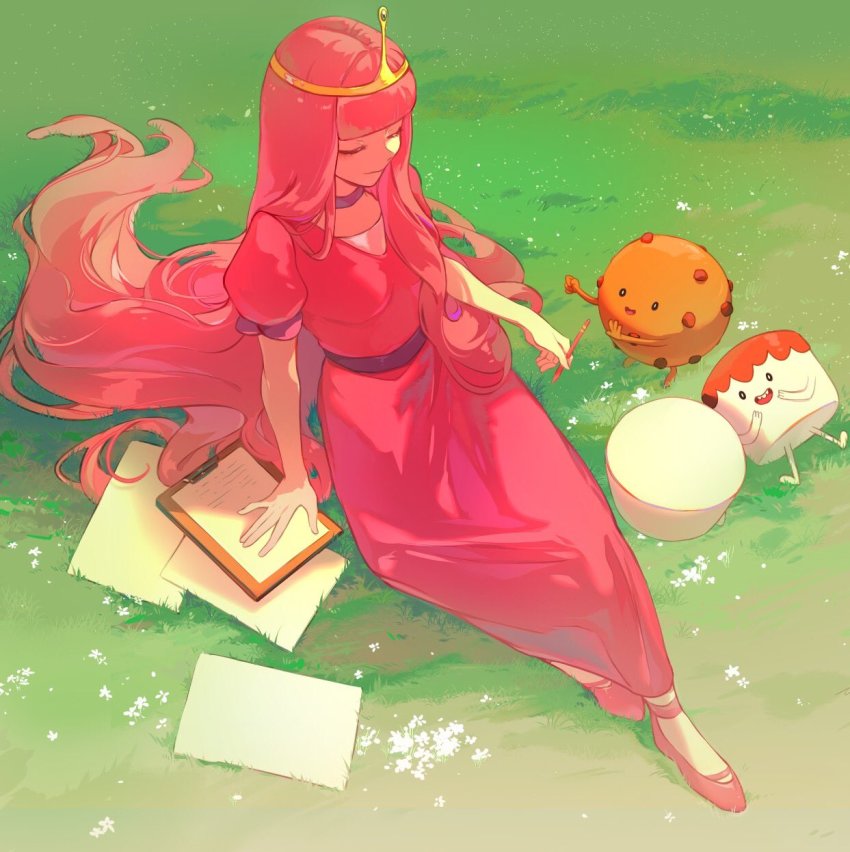 1girl adventure_time blunt_bangs character_request choker clipboard closed_eyes colored_skin cookie crown dress eden_(eden871225) flats food from_above grass highres holding holding_pencil long_hair marshmallow outdoors paper pencil pink_hair pink_skin princess_bonnibel_bubblegum puffy_short_sleeves puffy_sleeves short_sleeves sitting smile solo_focus tiara very_long_hair